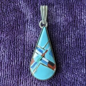 Vintage Native American Indigenous Silver Pendant, Turquoise Coral Inlay